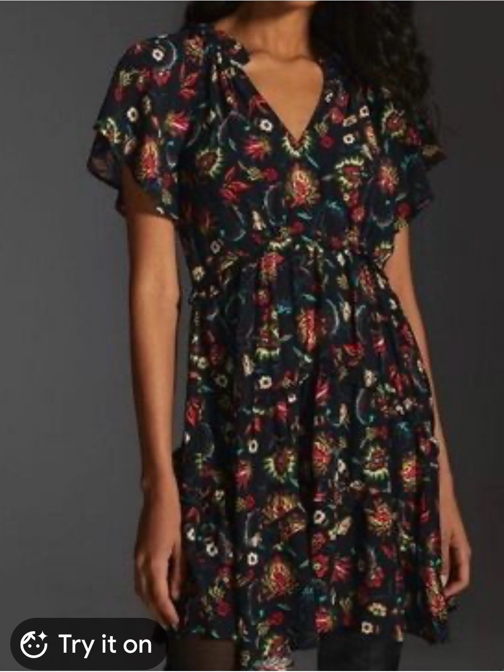 Anthropologie Navy Floral V-Neck Mini Dress